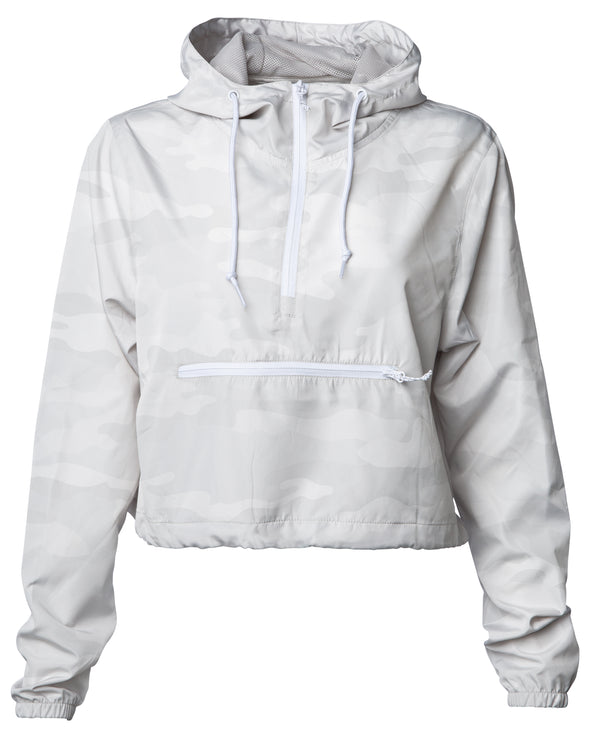 Front of a white camouflage crop top windbreaker hoodie with a front zipper pouch. The windbreaker has white zippers and drawstrings.