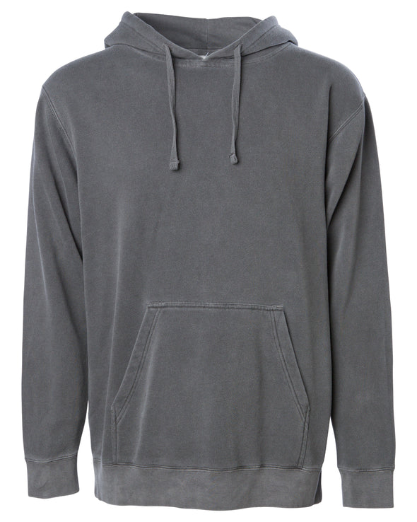Front of a gray pullover hoodie with a kangaroo pocket.