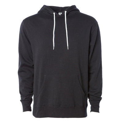 Front of a black pullover fleece hoodie with a kangaroo pocket and white drawstrings.