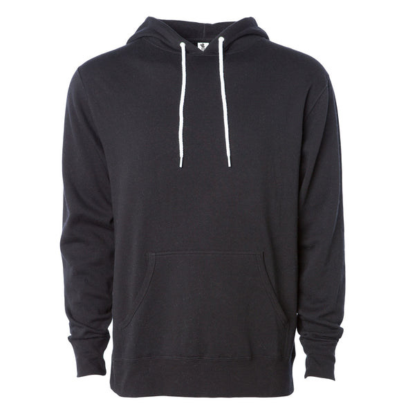 Front of a black pullover fleece hoodie with a kangaroo pocket and white drawstrings.