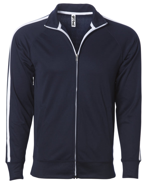Front of a navy zip-up track jacket with two vertical white stripes along the sleeves and an open collar.