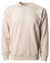 Front of a beige french terry long sleeve crew neck sweater.