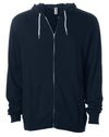 Front of a navy blue zip-up fleece hoodie with front pockets and a white drawstring.