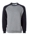 Front of a gray fleece crew neck sweater with black raglan sleeves..