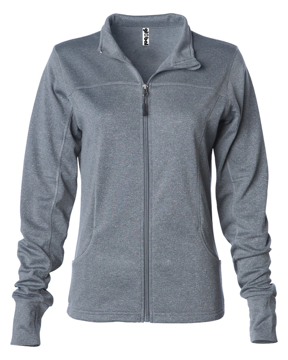 Front of gray zip-up yoga jacket with front pockets and thumb holes.