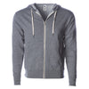 Front of gray french terry zip-up hoodie with front pockets, white drawstrings, and thumbholes.