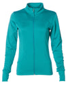 Front of lapis green zip-up yoga jacket with front pockets and thumb holes.