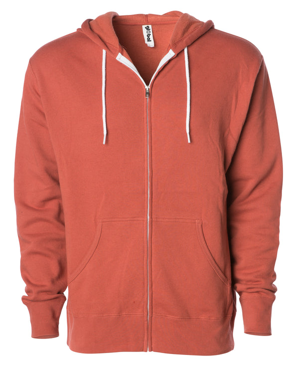 Front of a rust orange zip-up fleece hoodie with front pockets and a white drawstring.