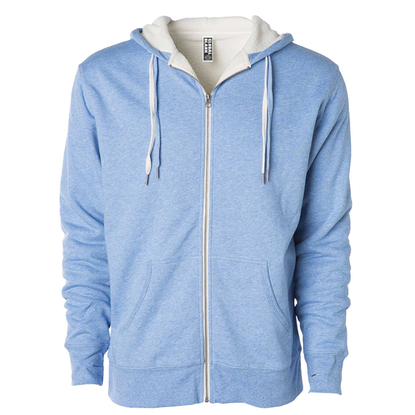 Front of a sky blue zip up sherpa lined hoodie with two drawstrings.