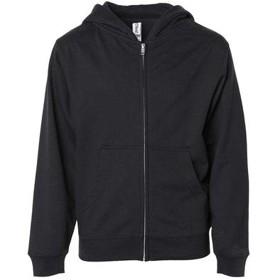Front of children's black zip-up long-sleeve hoodie with front pockets.