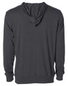 Back of a charcoal gray long sleeve t-shirt jersey hoodie.