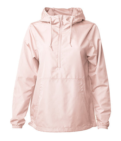 Front of a blush pink pullover windbreaker with a half zipper, hood, and elastic cuffs.