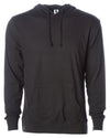 Front of a black long sleeve t-shirt jersey hoodie with a matching drawstring and kangaroo pocket.