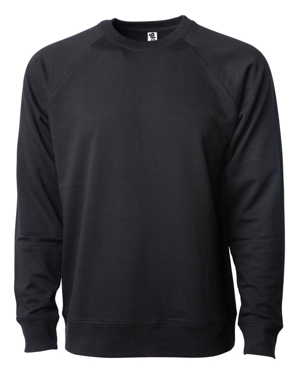 Front of a black french terry long sleeve crew neck sweater.