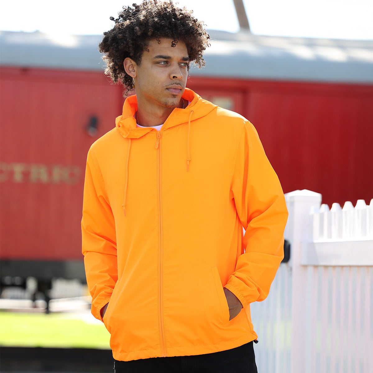 Men s Packable Zip Hi Visibility Windbreaker Lightweight Hooded Wind J Global Blank