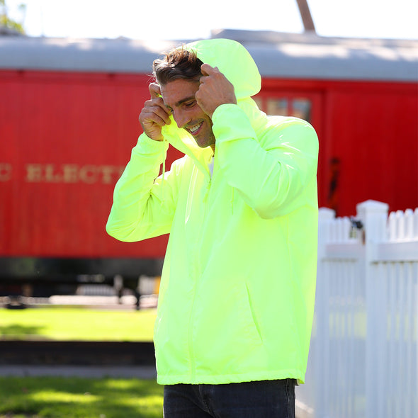 Men's Packable Zip  Hi Visibility Windbreaker Lightweight Hooded Wind Jacket
