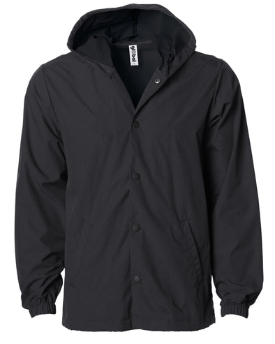 Front of a black nylon coach's jacket with black buttons and a hood.