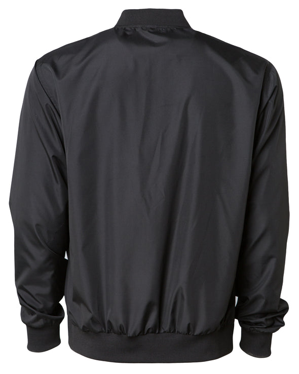 Back of a black zip-up bomber jacket with front pockets and elastic cuffs.