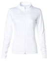 Front of white zip-up yoga jacket with front pockets and thumb holes.