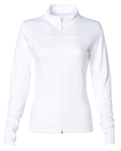 Front of white zip-up yoga jacket with front pockets and thumb holes.