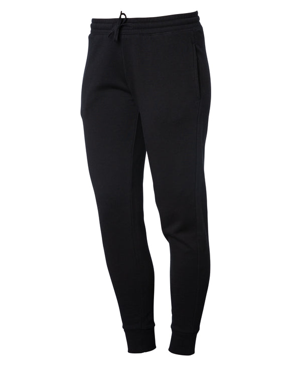 Front of black sweatpants with elastic cuffs and a drawstring waistband.