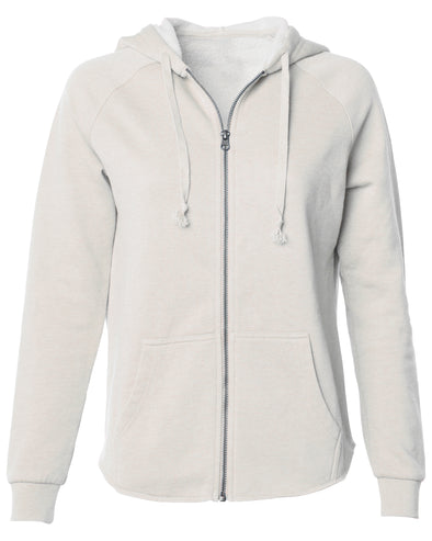 Front of a long sleeve beige zip-up hoodie.