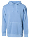 Front of a pastel light blue pullover hoodie with a kangaroo pocket.