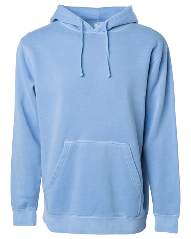 Front of a pastel light blue pullover hoodie with a kangaroo pocket.