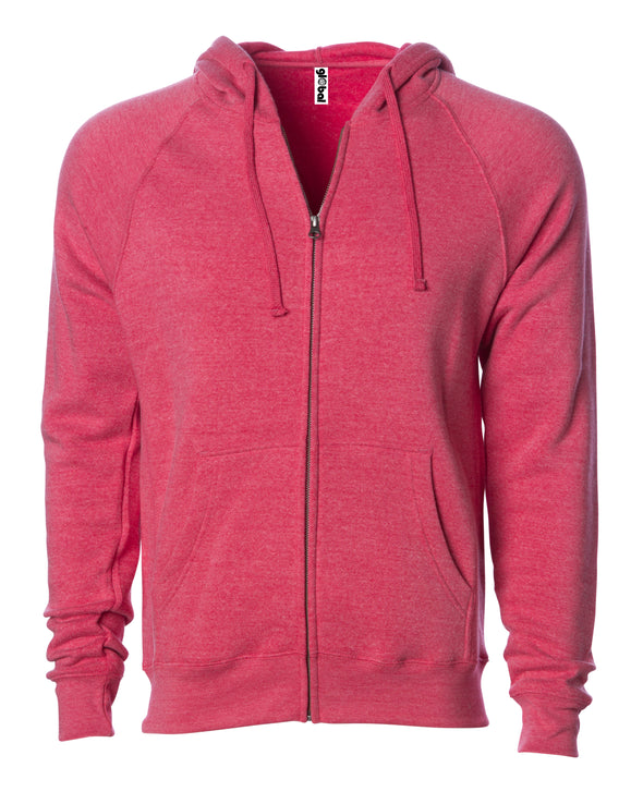 Front of a pomegranate pink fleece zip-up hoodie with front pockets and a drawstring.