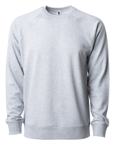Front of a light gray french terry long sleeve crew neck sweater.