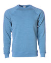 Front of a sky blue fleece long sleeve crew neck sweater.