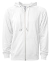 Front of a white french terry zip-up hoodie with a kangaroo pocket and two drawstrings.