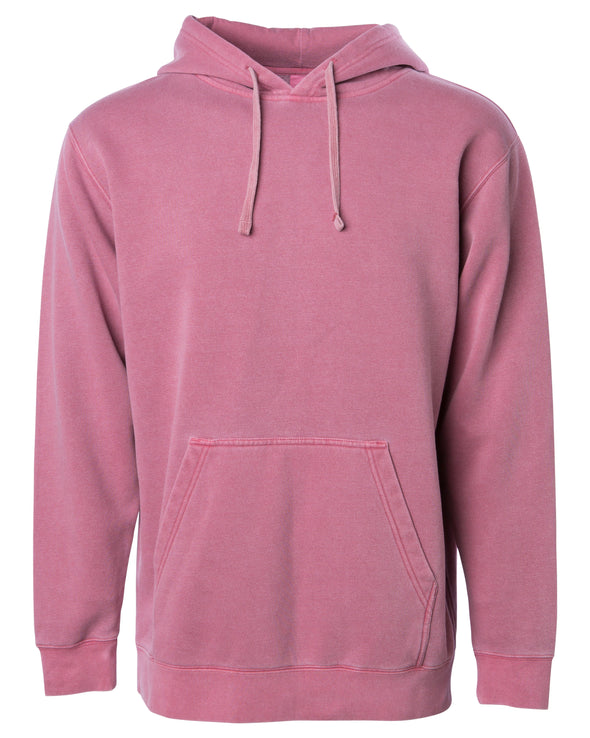 Front of a pastel maroon pullover hoodie with a kangaroo pocket.