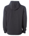 Back of black tech jacket with hood.