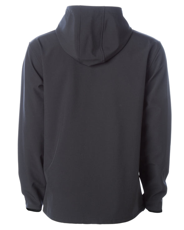 Back of black tech jacket with hood.