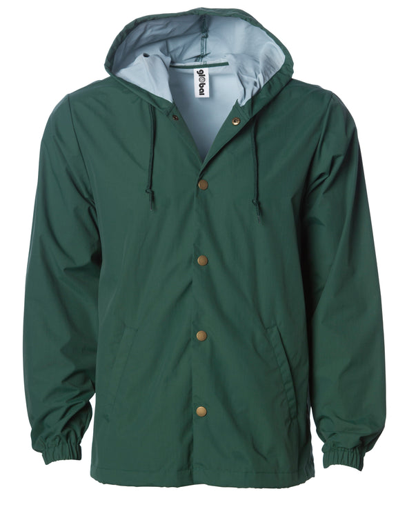 Front of a green nylon coach's jacket with gold buttons and a hood.