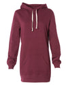 Front of a burgundy long-sleeve sweater dress with a kangaroo pocket and hood.
