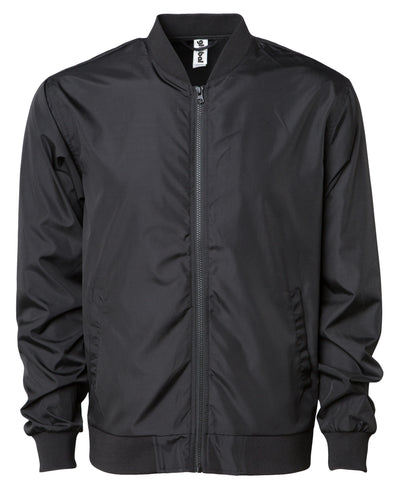 Front of a black zip-up bomber jacket with front pockets and elastic cuffs.