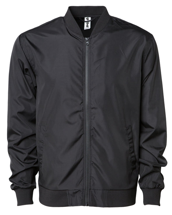 Front of a black zip-up bomber jacket with front pockets and elastic cuffs.