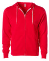 Front of a red zip-up fleece hoodie with front pockets and a white drawstring.