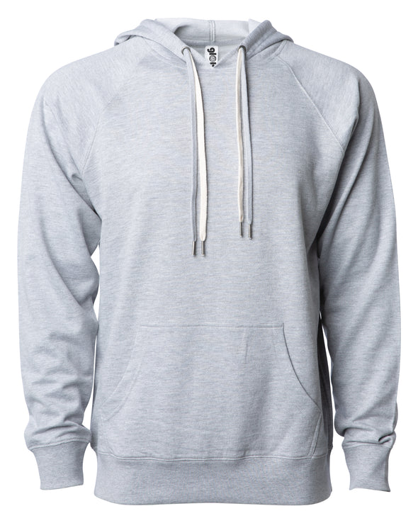 Front of a light gray french terry pullover hoodie with a kangaroo pocket and two drawstrings.