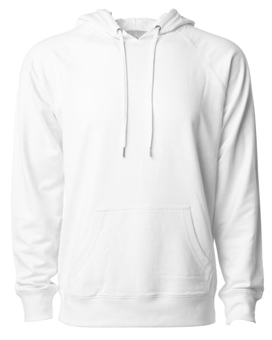 Front of a white french terry pullover hoodie with a kangaroo pocket and two drawstrings.