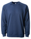 Front of a navy blue french terry long sleeve crew neck sweater.