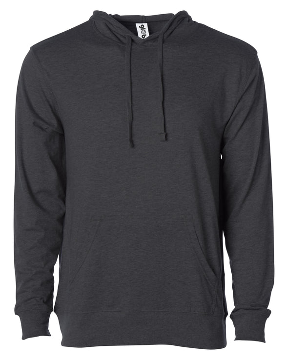 Front of a charcoal gray long sleeve t-shirt jersey hoodie with a matching drawstring and kangaroo pocket.