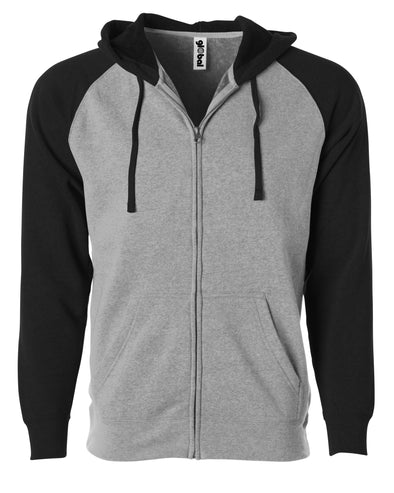 Front of a light gray fleece zip-up hoodie with black sleeves and hood.