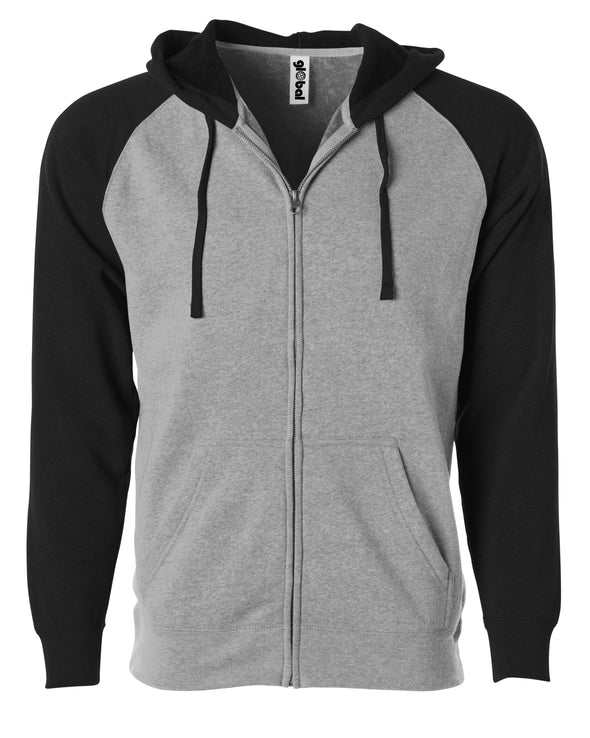 Front of a light gray fleece zip-up hoodie with black sleeves and hood.