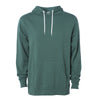 Front of an alpine green pullover fleece hoodie with a kangaroo pocket and white drawstrings.