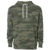 Front of a green camouflage pullover fleece hoodie with a kangaroo pocket and white drawstrings.