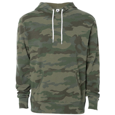 Front of a green camouflage pullover fleece hoodie with a kangaroo pocket and white drawstrings.