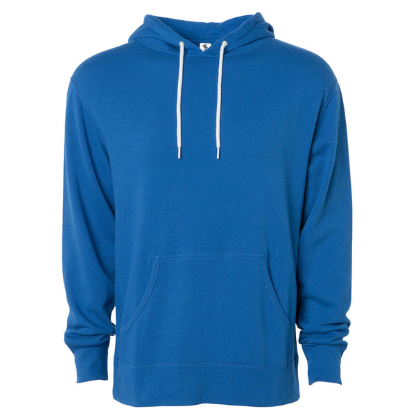 Front of a cobalt blue pullover fleece hoodie with a kangaroo pocket and white drawstrings.